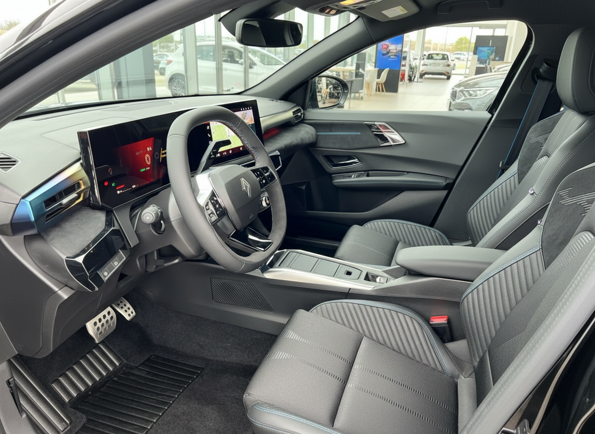 Citroën Innenraum mit digitalem Cockpit, Lenkrad und grauen Sportsitzen im Autohaus