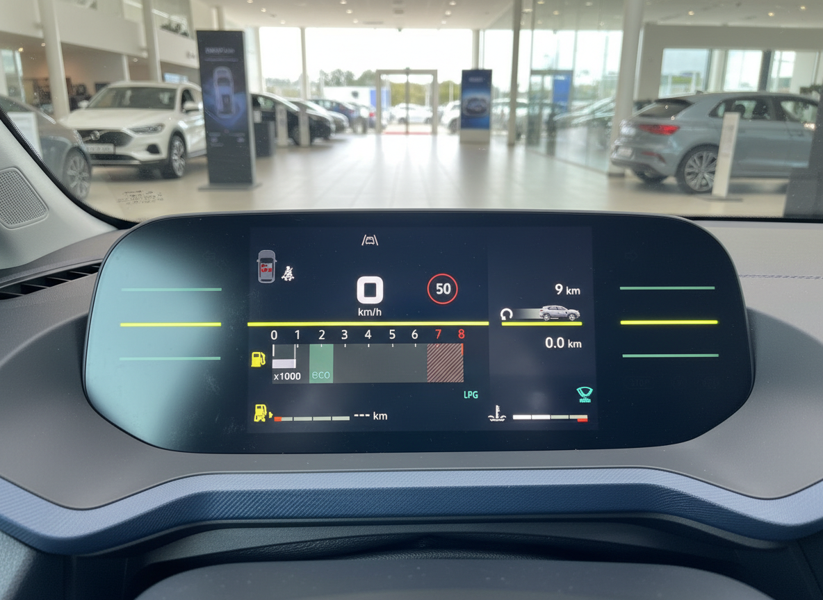 Digitales Kombiinstrument eines Fahrzeugs mit LPG-Anzeige, Tachometer und Fahrerassistenzsystemen im Autohaus