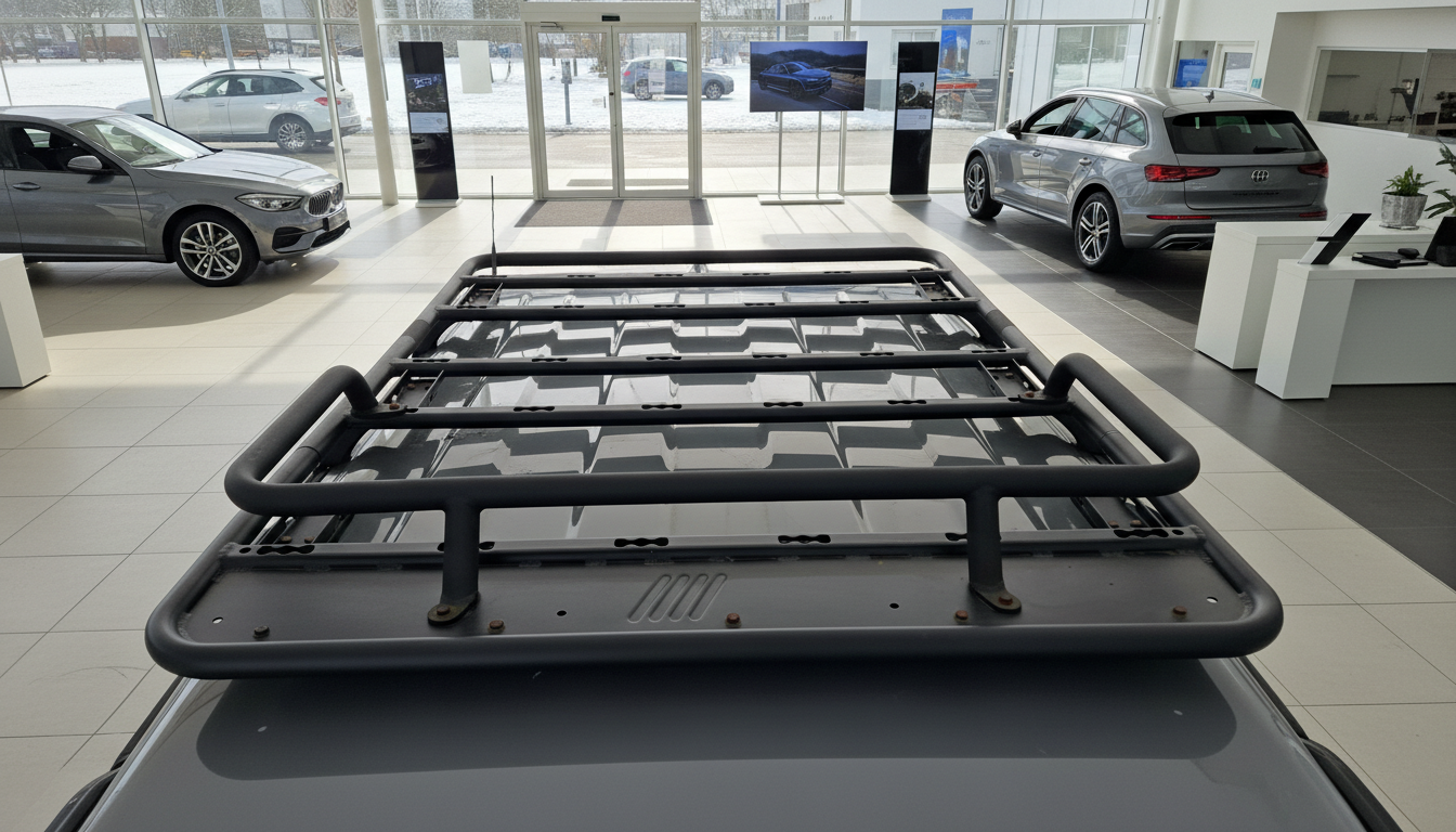 Schwarzer Dachträger-Gepäckkorb auf Fahrzeugdach in Autohaus-Showroom mit BMW und Audi Fahrzeugen im Hintergrund