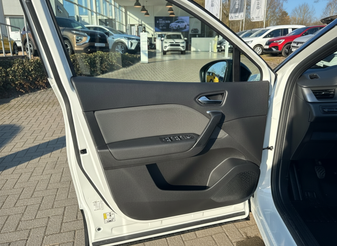 Weißes Fahrzeug Fahrertür geöffnet Innenansicht Türverkleidung mit Fensterheber beim Autohaus