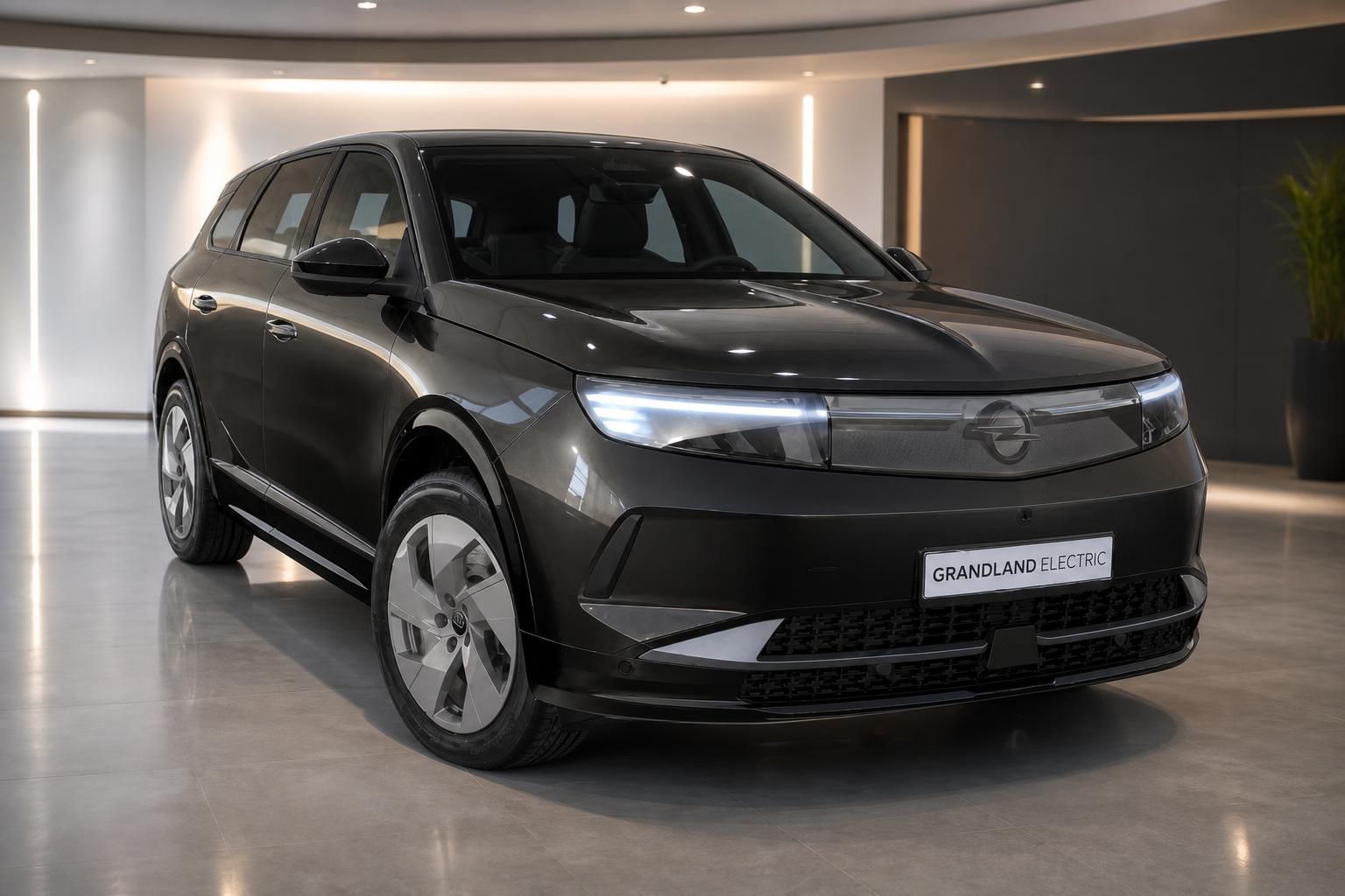 Opel Grandland Electric in Schwarz, Frontansicht im Showroom