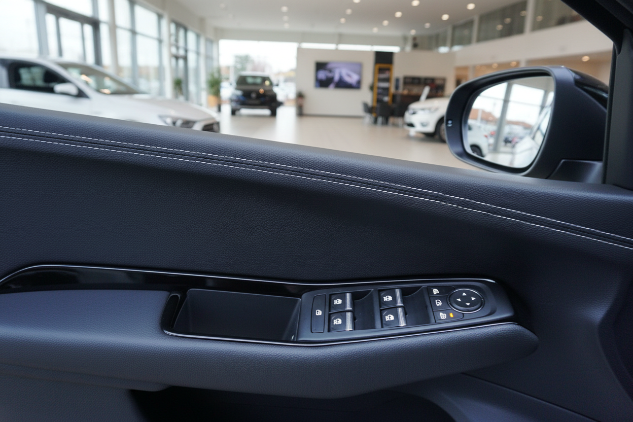 Fahrzeuginnenraum Fahrertür mit Fensterheber und Spiegelverstellung, schwarzes Leder mit weißer Naht