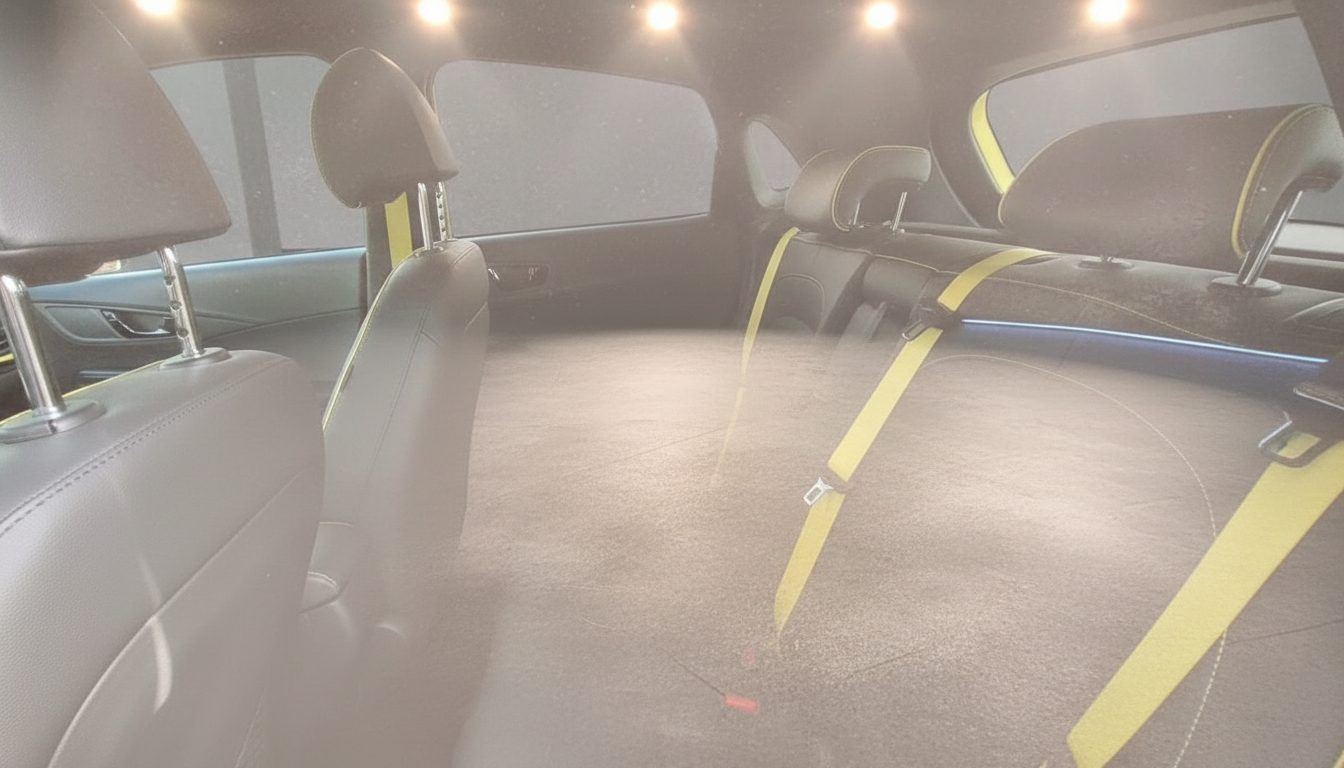 Fahrzeuginnenraum Rücksitzbereich mit schwarzem Leder und gelben Sicherheitsgurten
