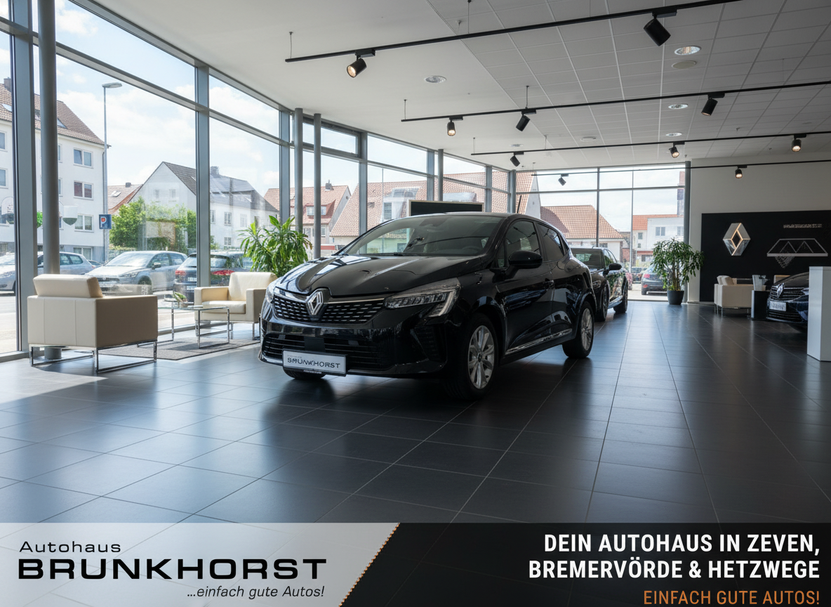 Schwarzer Renault Clio Neuwagen im modernen Showroom von Autohaus Brunkhorst in Zeven, Bremervörde und Hetzwege mit großer Glasfensterfront und Renault Logo