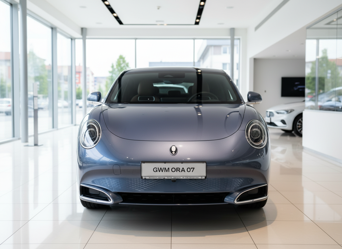 GWM ORA 07 in Blaugrau – Frontansicht im Autohaus-Showroom