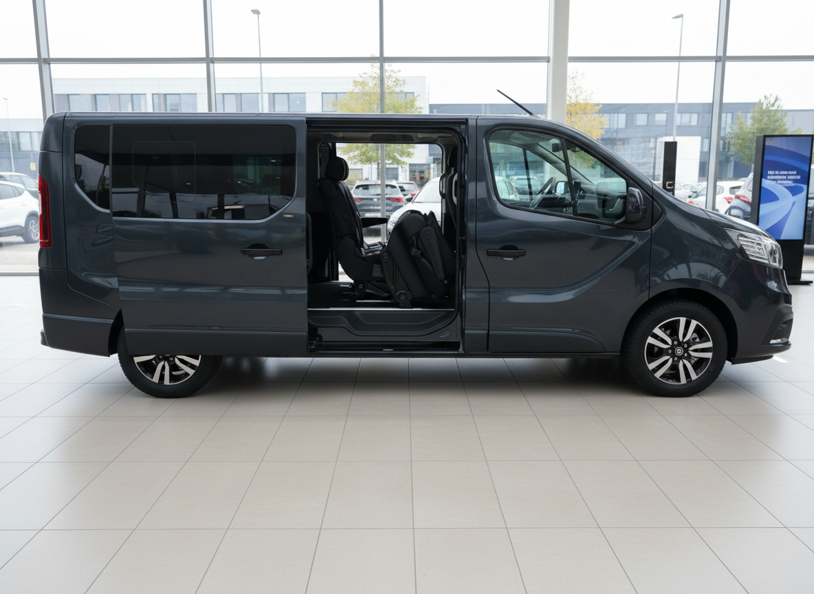 Grauer Opel Vivaro Kombi in Langversion mit geöffneter Schiebetür im Autohaus