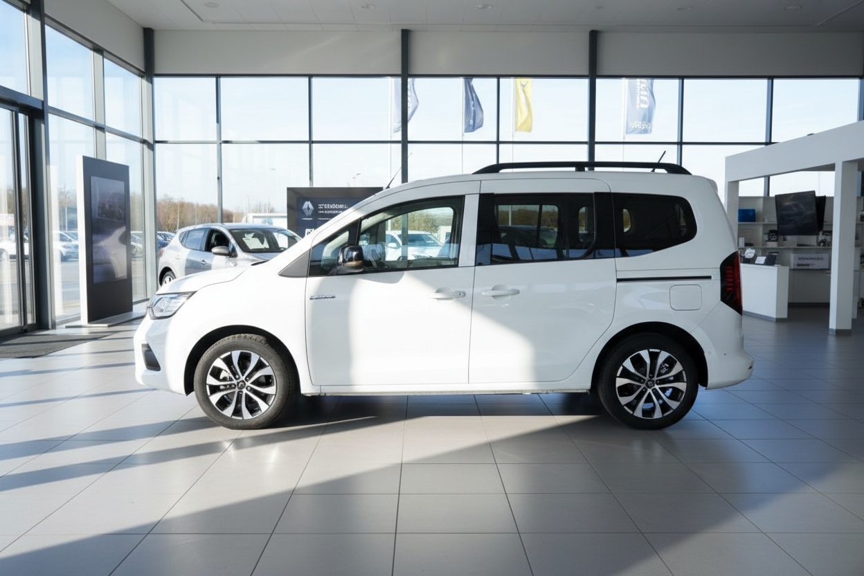 Weißer Renault Kangoo Minivan in Autohaus-Ausstellungsraum, Seitenansicht