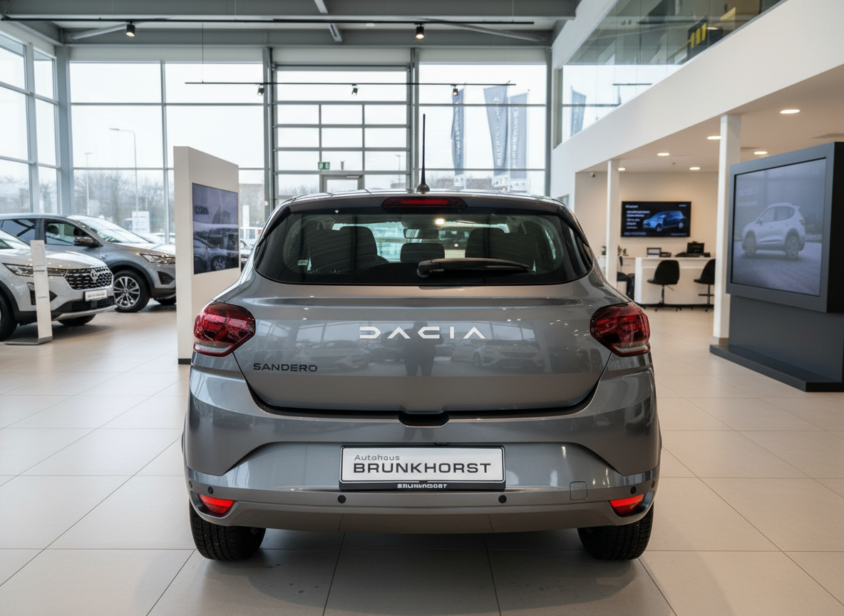 Dacia Sandero in Grau Heckansicht im Autohaus Brunkhorst Showroom