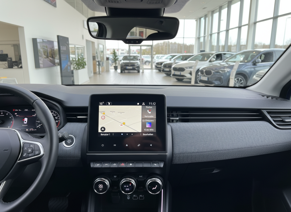 Renault Clio Innenraum mit Touchscreen-Navigation und Klimasteuerung im Autohaus