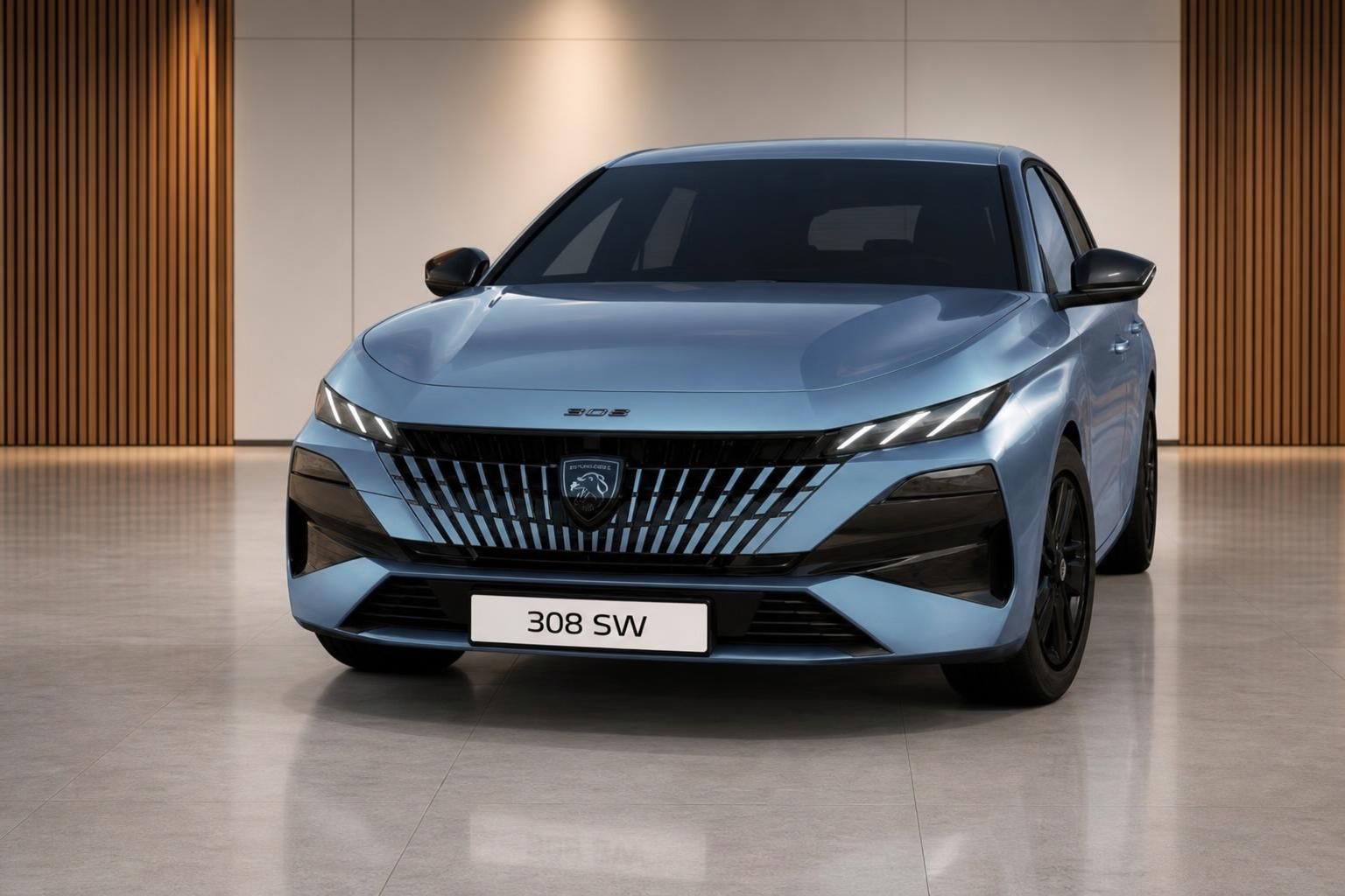 Peugeot 308 SW in Blau, Frontansicht im Showroom