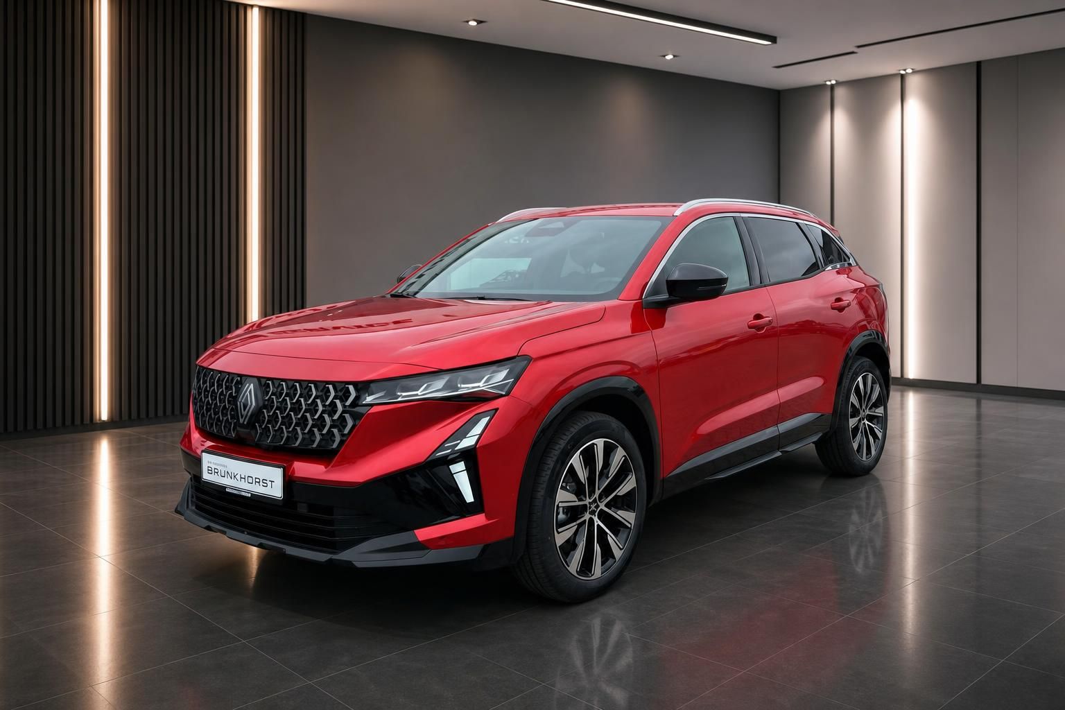 Roter Renault Austral SUV Seitenansicht im Autohaus Showroom