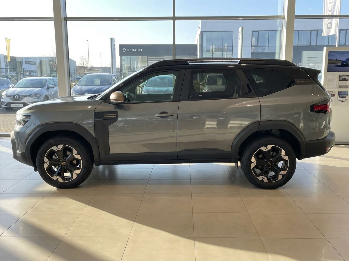 Dacia Bigster SUV in Grau im Autohaus-Showroom, Seitenansicht