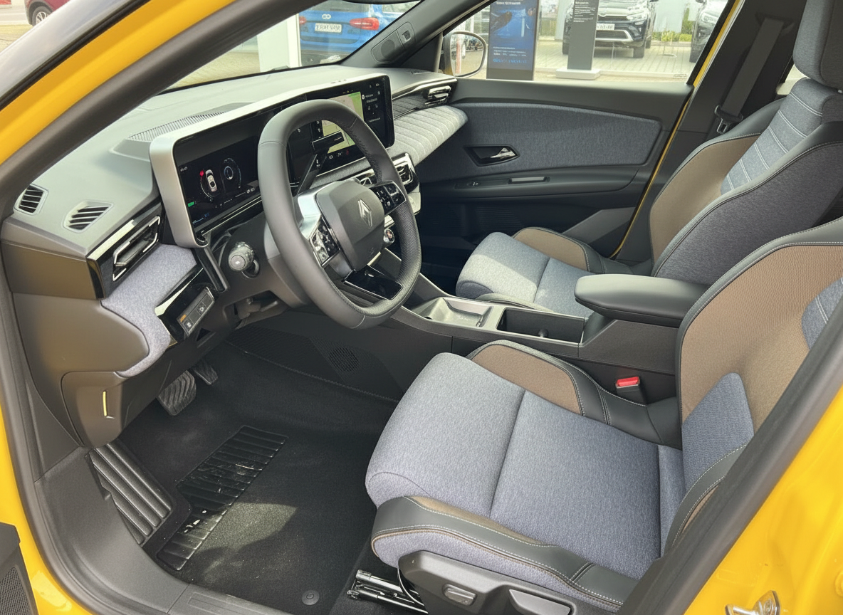 Citroën Innenraum mit grauem Stoffsitz, digitalem Cockpit und Lenkrad in gelbem Fahrzeug