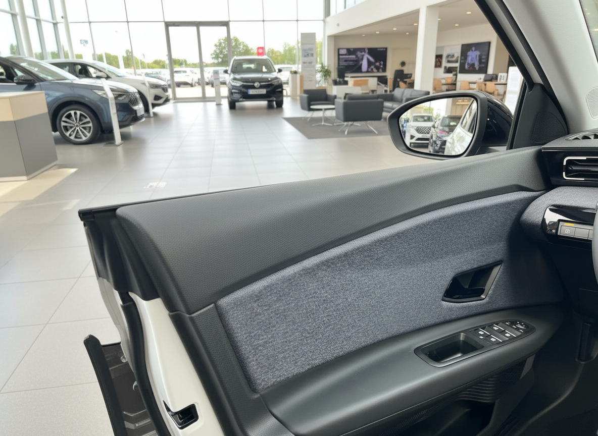 Innenraum Türverkleidung Fahrerseite im Autohaus mit Seitenspiegel und Fensterheber