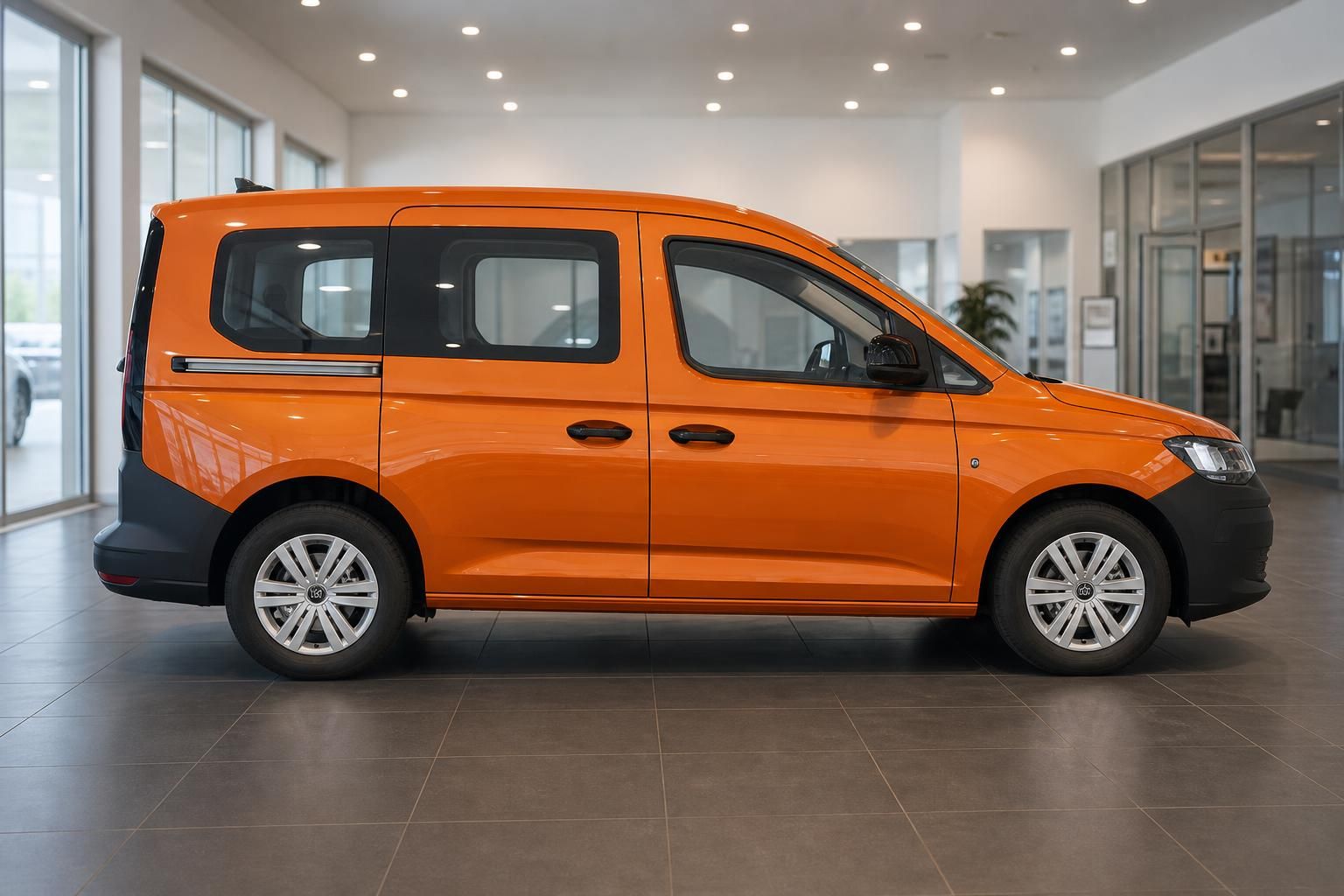 Volkswagen Caddy orange, Seitenprofil in modernem Autohaus