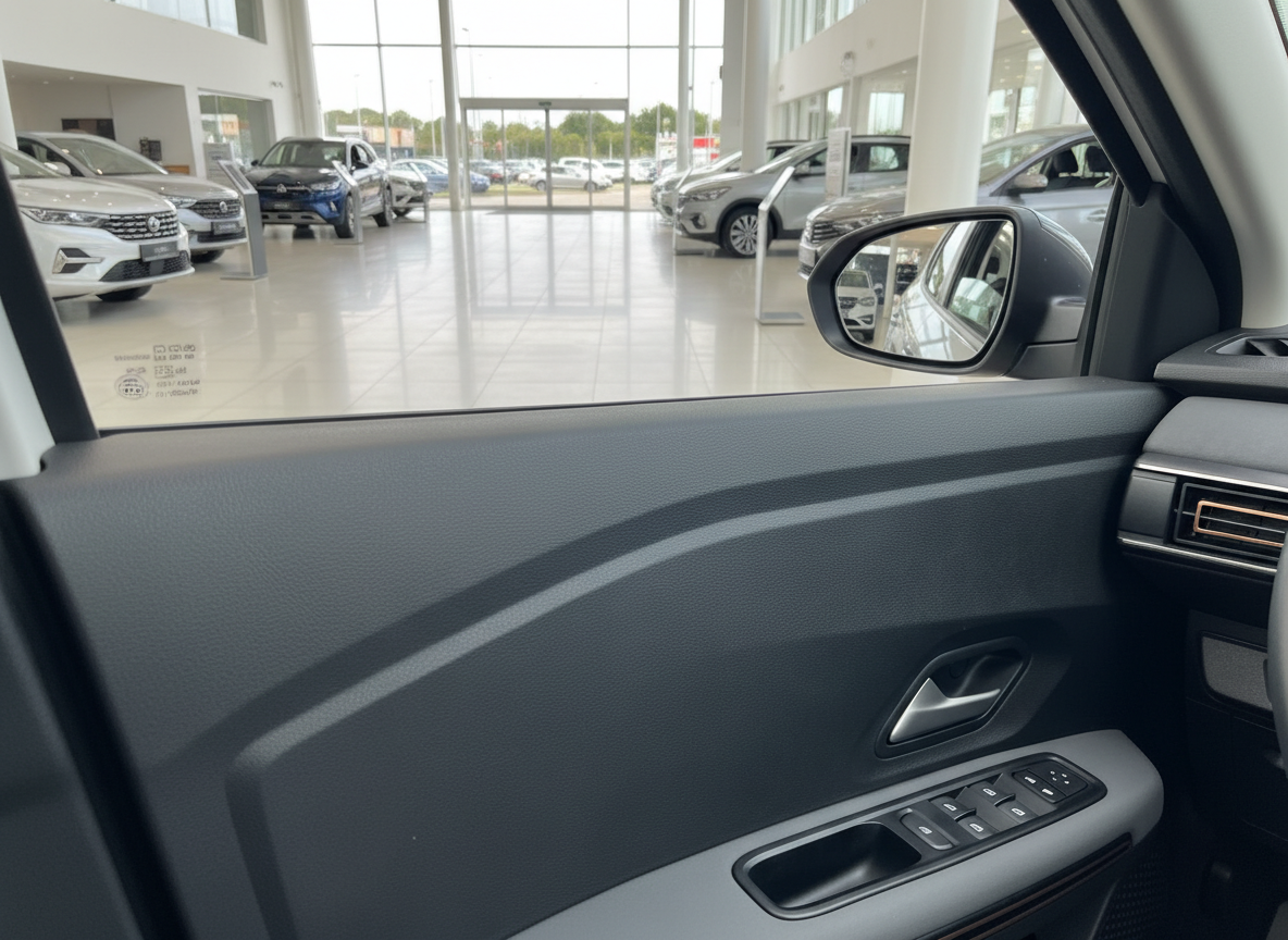 Fahrzeuginnenraum mit Türverkleidung, Fensterheber und Außenspiegel im Autohaus