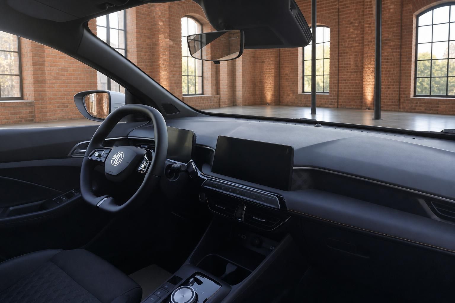 MG Innenraum Cockpit mit Lenkrad, Infotainment-Display und Armaturenbrett in schwarzem Design