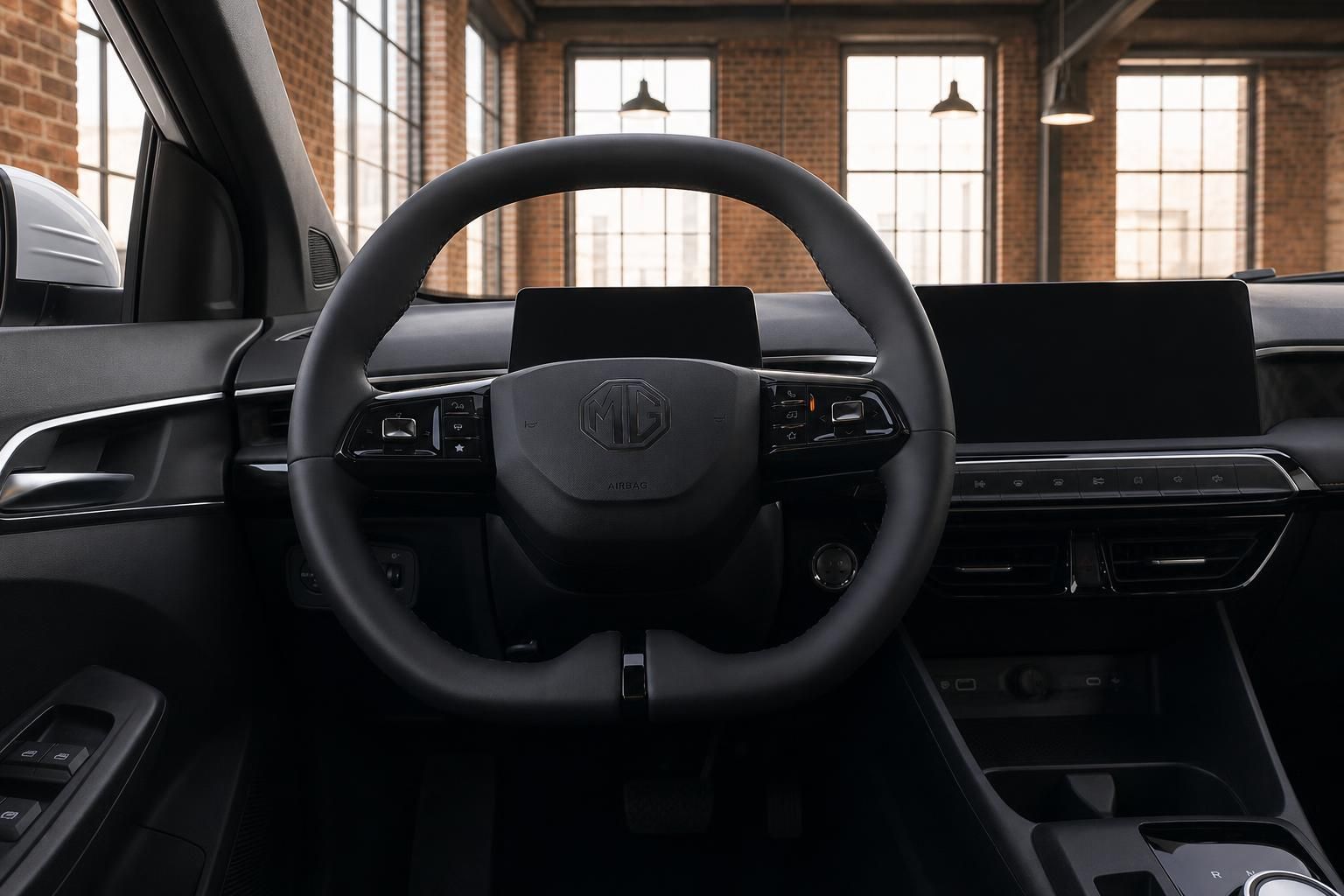 MG Lenkrad mit MG-Logo, Multifunktionstasten und Panorama-Infotainmentdisplay im Hintergrund
