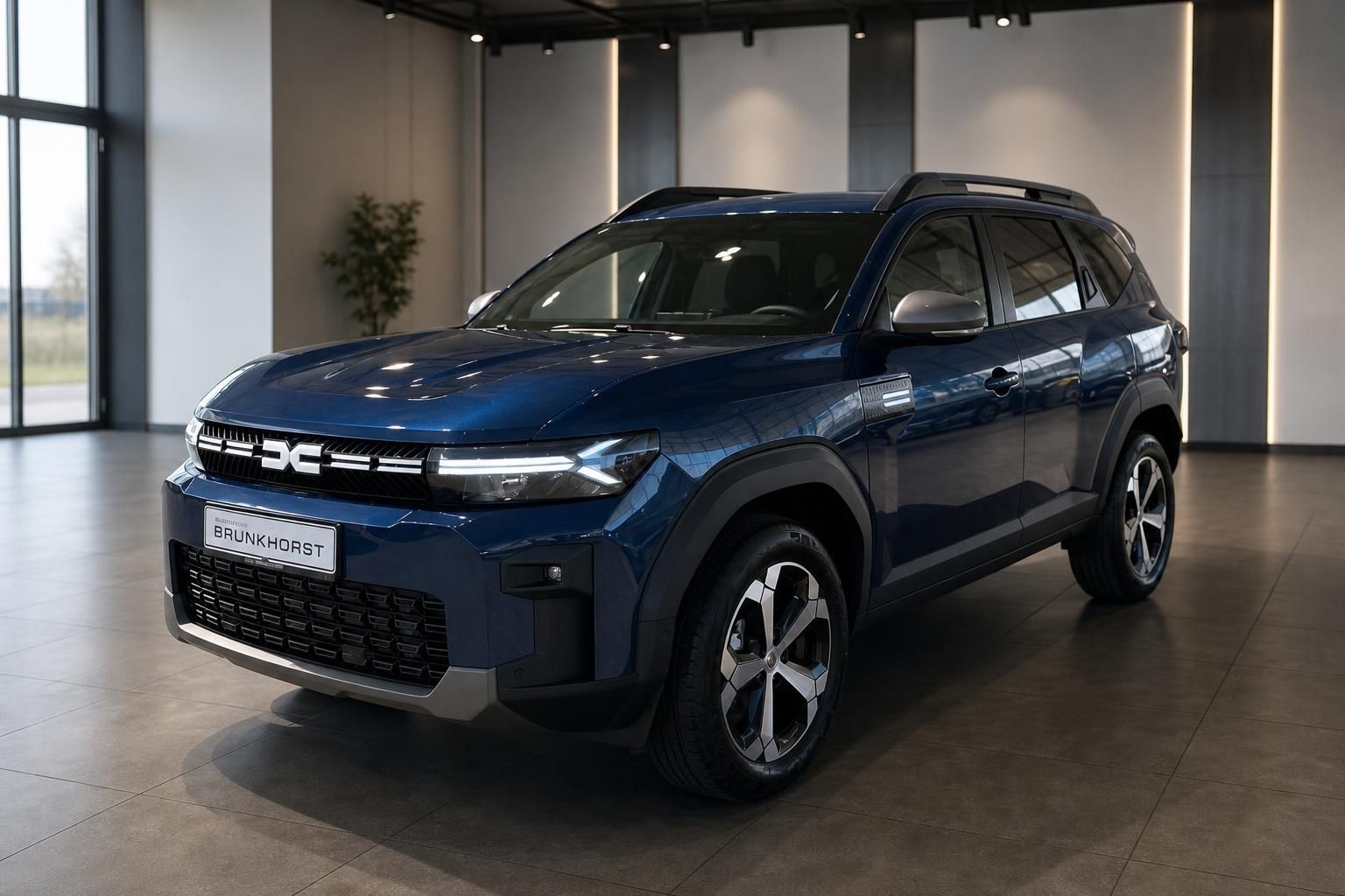Dacia SUV blau Seitenansicht im modernen Autohaus Showroom