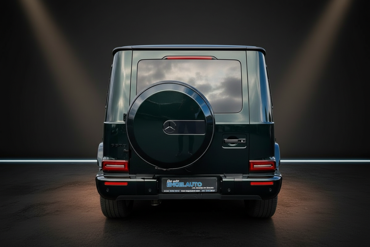 Mercedes-Benz G-Klasse G500 in Dunkelgrün Heckansicht im Showroom