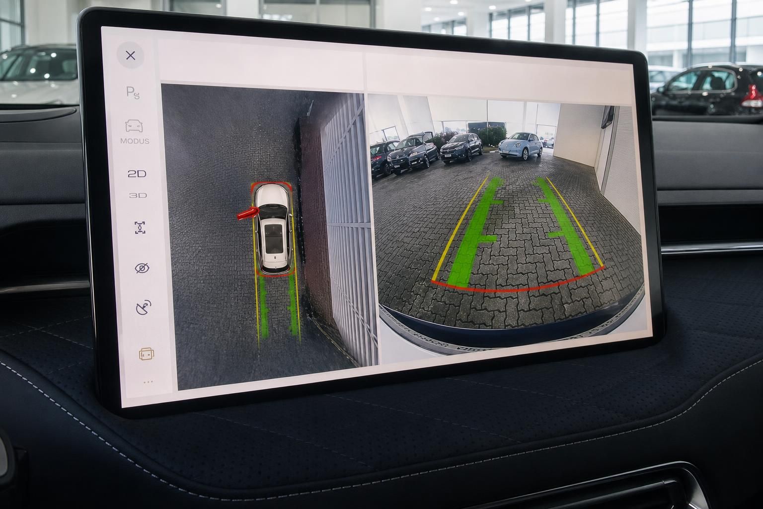360-Grad-Kamera Display beim Einparken im Fahrzeug-Cockpit