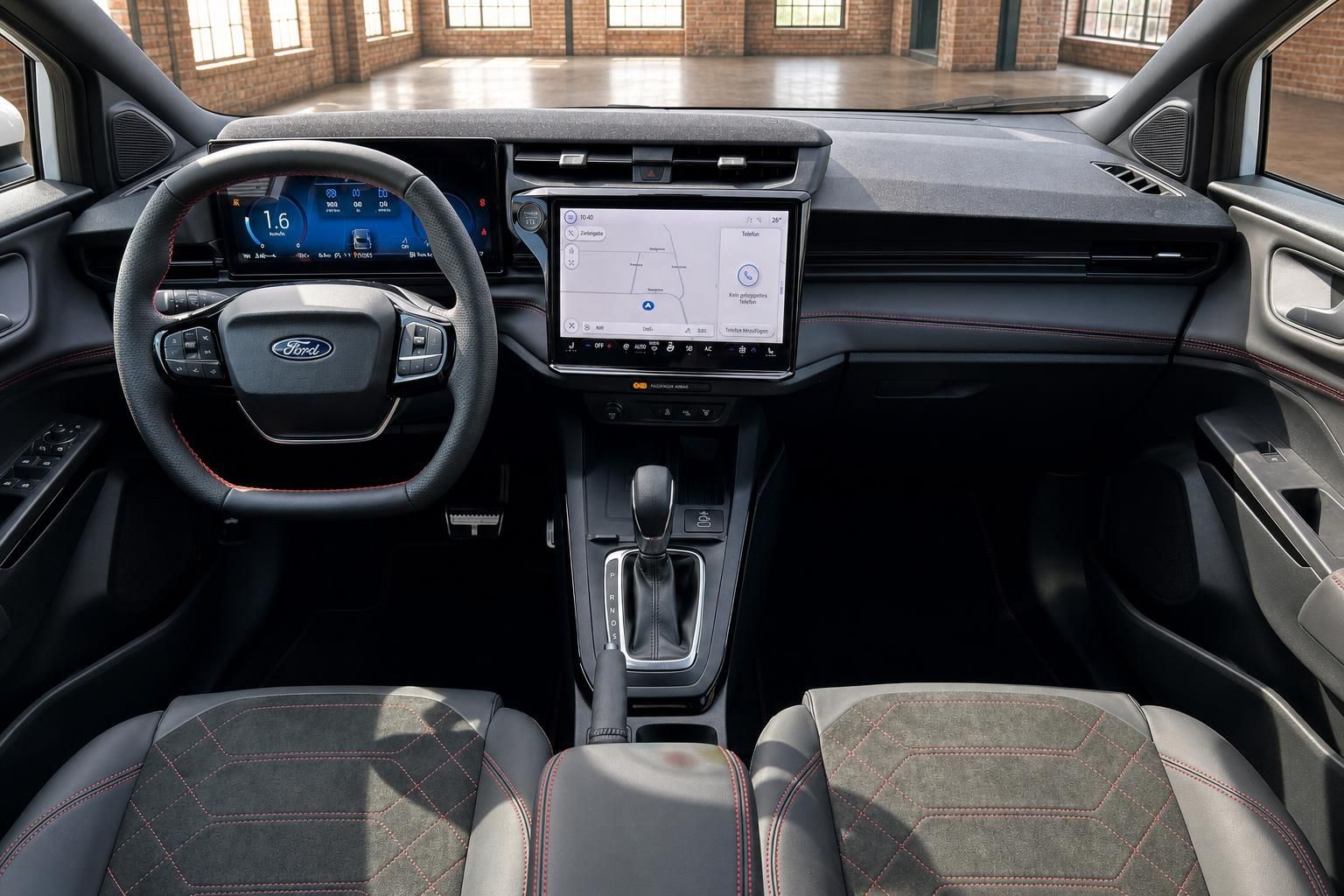 Ford Cockpit frontal mit Lenkrad, Schaltung und Navigationsdisplay