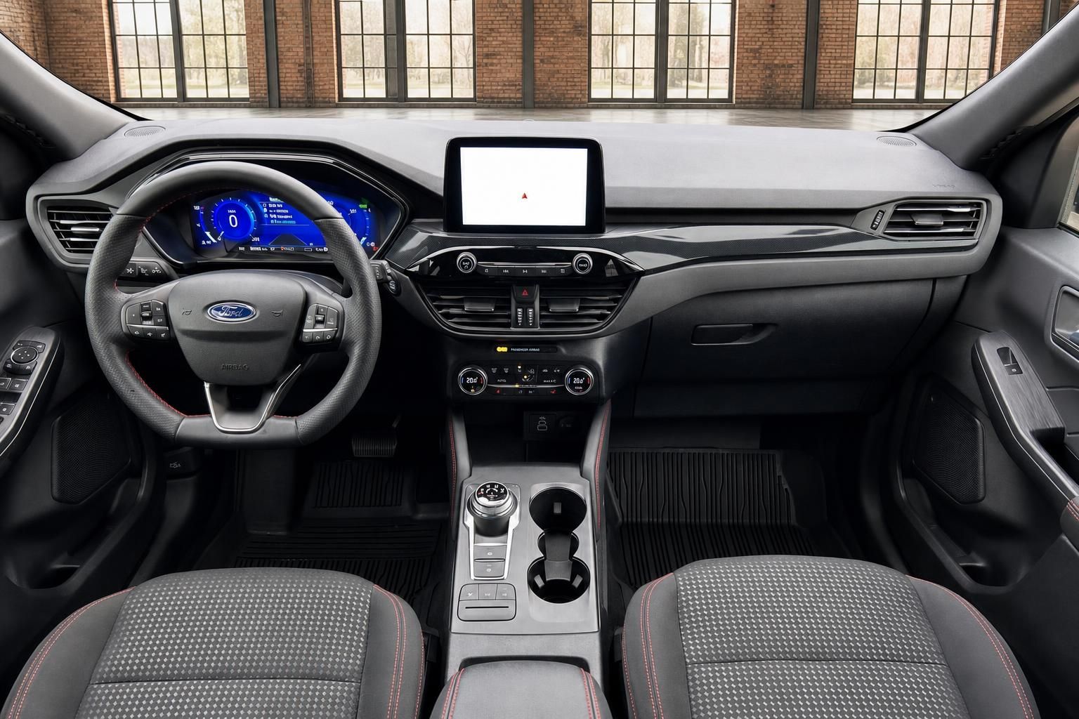 Ford Cockpit Übersicht mit Lenkrad Sitzen und Bildschirm