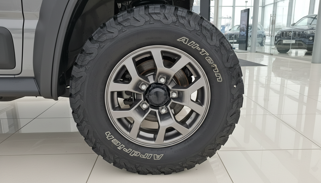 BFGoodrich All-Terrain T/A KO2 Reifen auf grauer Alufelge eines Geländewagens im Autohaus-Showroom