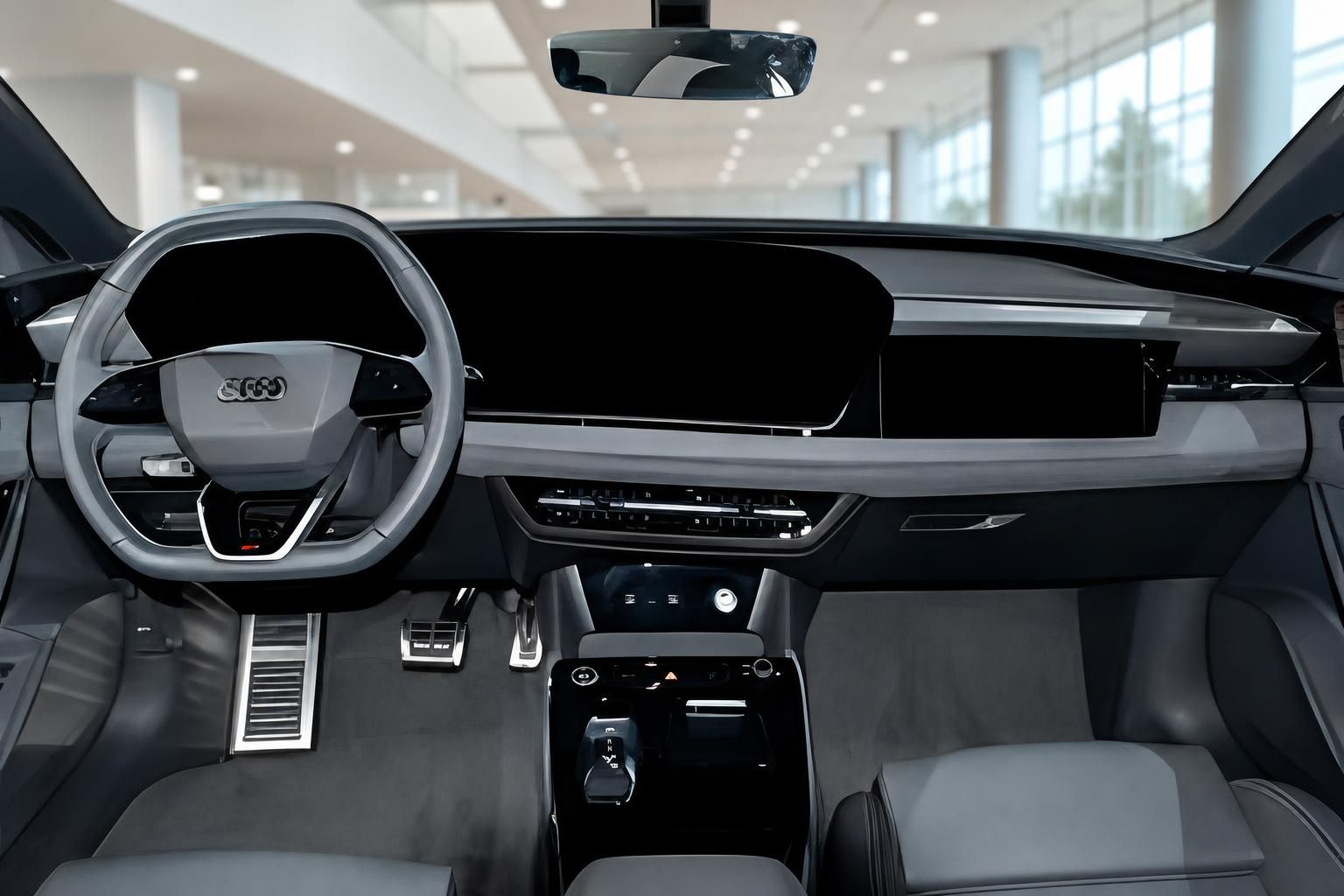 Audi Cockpit Interieur mit Lenkrad und digitalem Display im Showroom