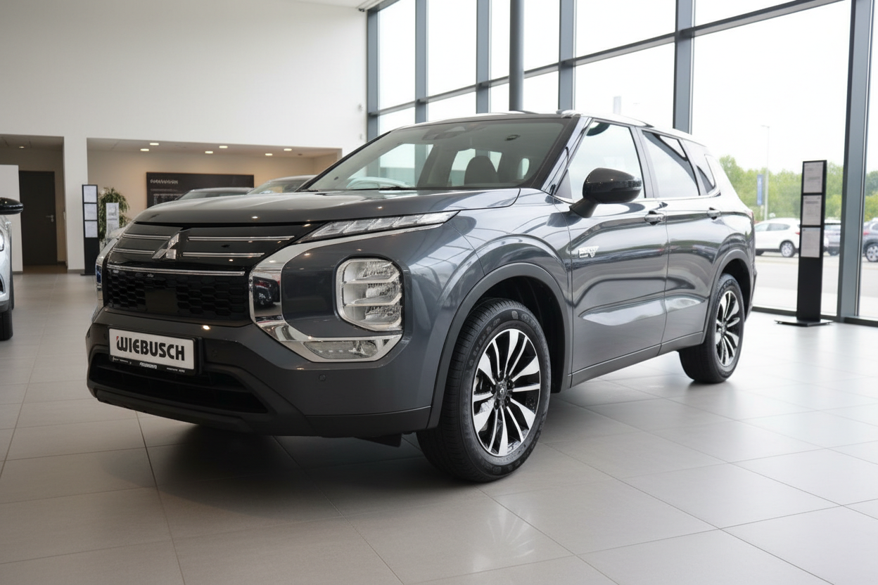 Mitsubishi Outlander PHEV grau im Autohaus Wiebusch Showroom Frontansicht