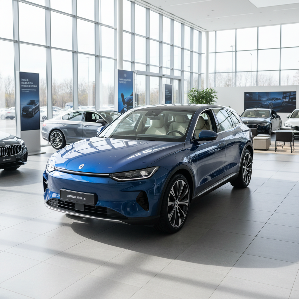 Blauer Elektro-SUV in modernem Autohaus-Showroom