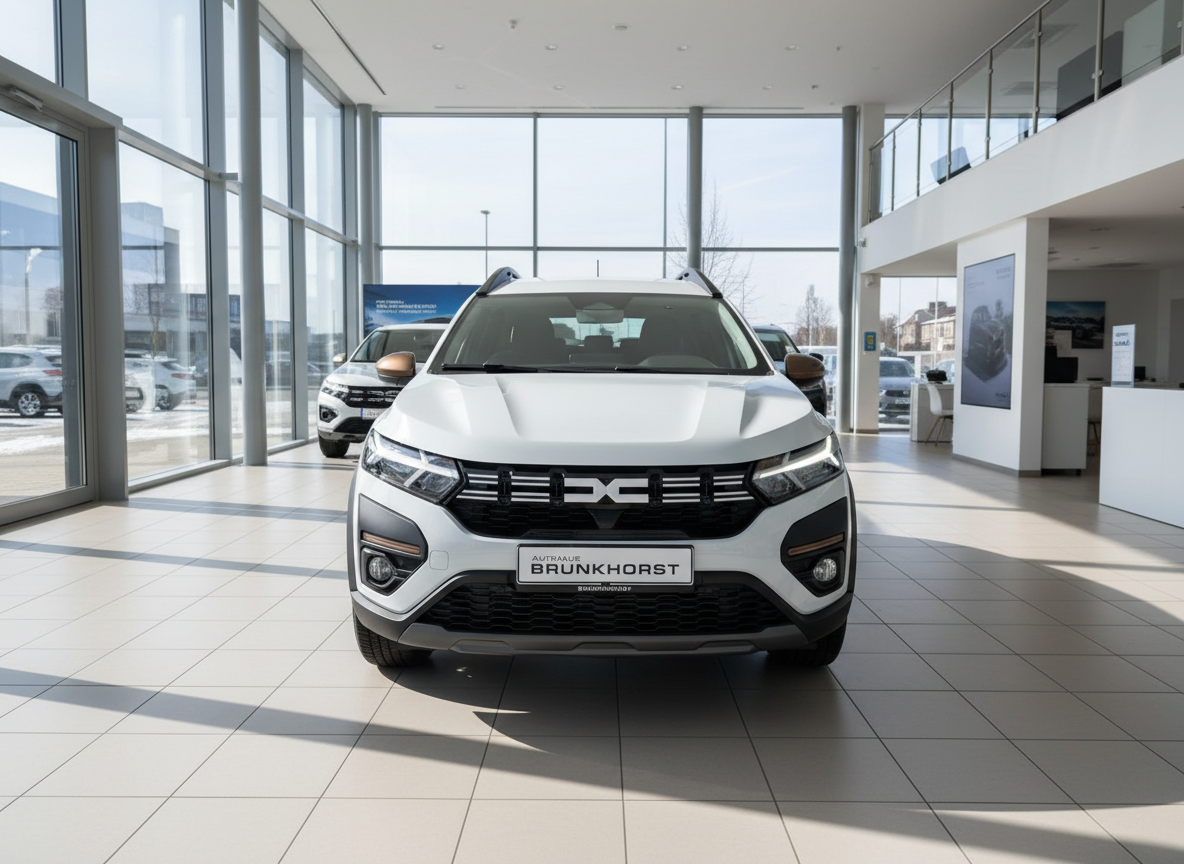 Weißer Dacia Jogger Frontansicht im Autohaus Brunkhorst Showroom
