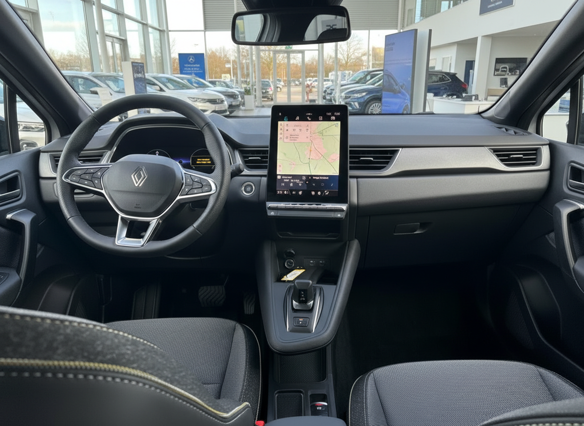 Renault Innenraum mit großem Touchscreen-Navi, Lederlenkrad und modernem Cockpit im Autohaus