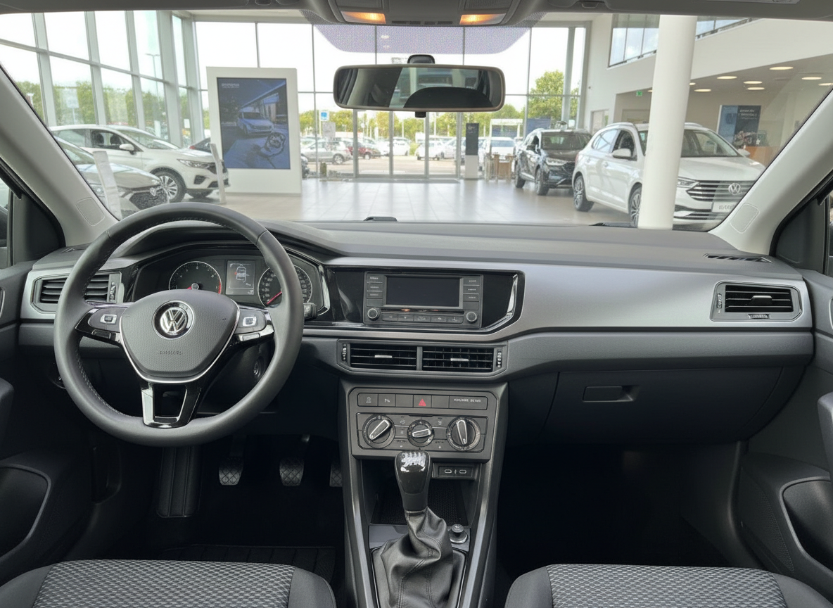 Volkswagen Polo Innenraum mit Lederlenkrad, Schaltgetriebe und Infotainment-System im VW Autohaus