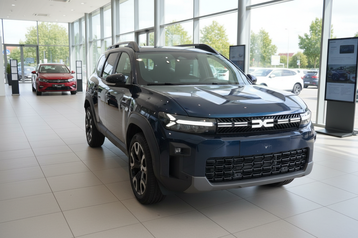 Dacia Duster SUV in Dunkelblau im Autohaus Showroom – Frontansicht