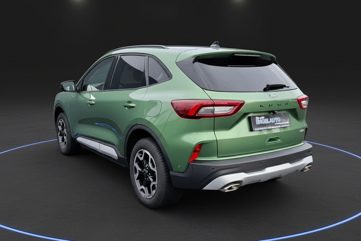 Grüner Ford Kuga SUV Heckansicht mit Auspuffanlage und schwarzen Felgen bei Engelauto