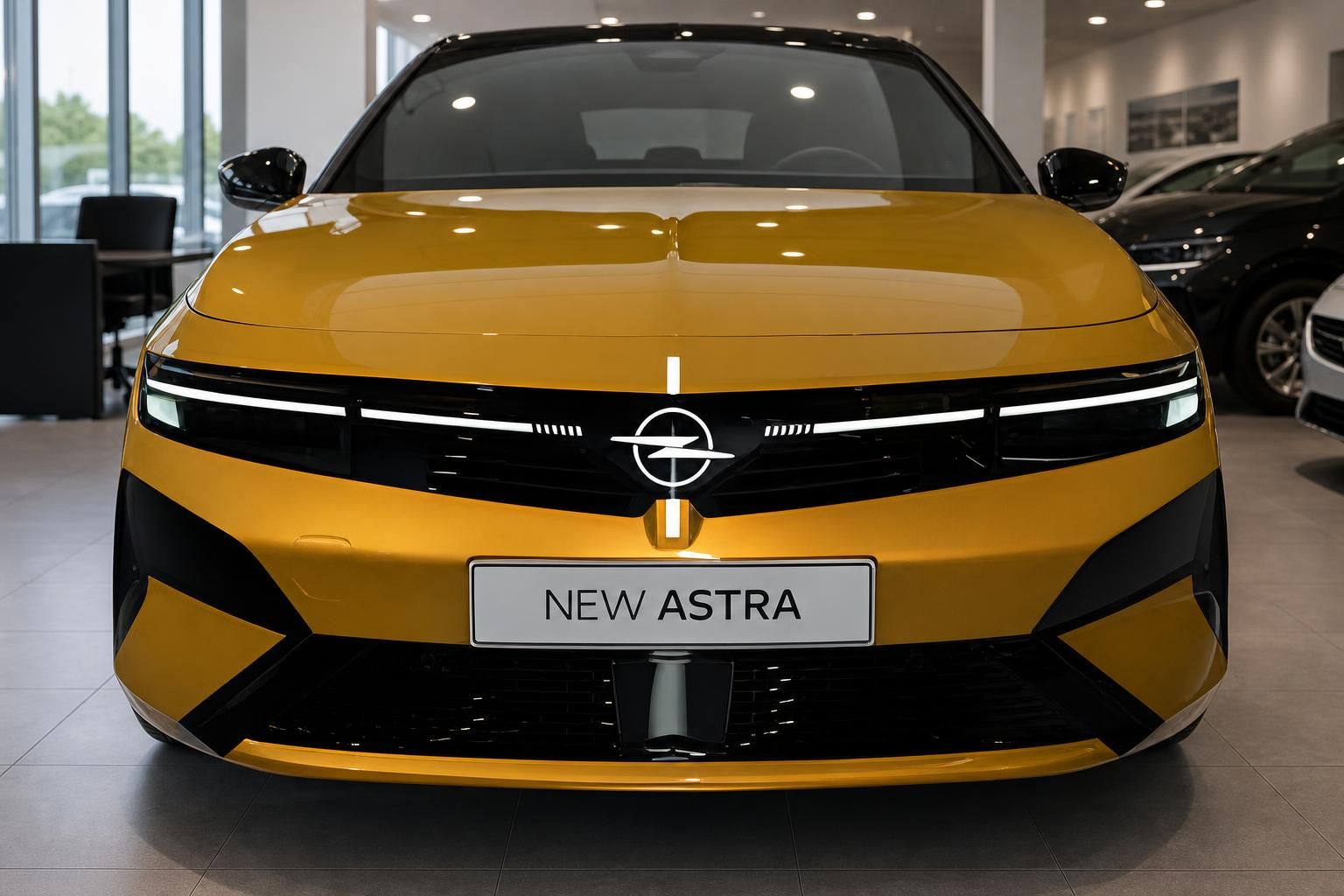 Opel Astra in Gelb, Frontansicht im Autohaus Showroom