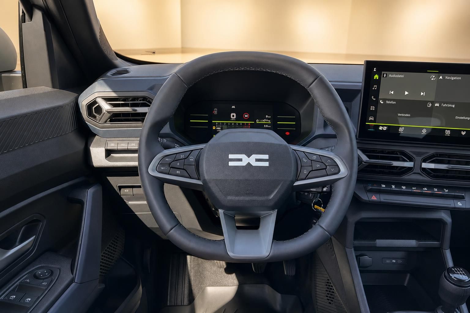 Fahrzeug Cockpit mit Lenkrad, Armaturenbrett und Touchscreen-Display im Innenraum