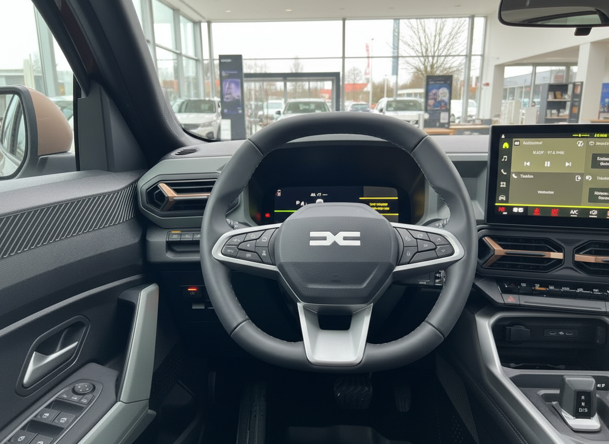 Dacia Innenraum Cockpit mit Lenkrad, digitalem Tacho und Touchscreen-Infotainment