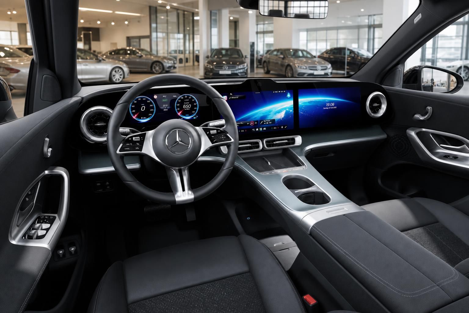 Mercedes-Benz GLC Cockpit mit digitalem Display und Lenkrad im Autohaus