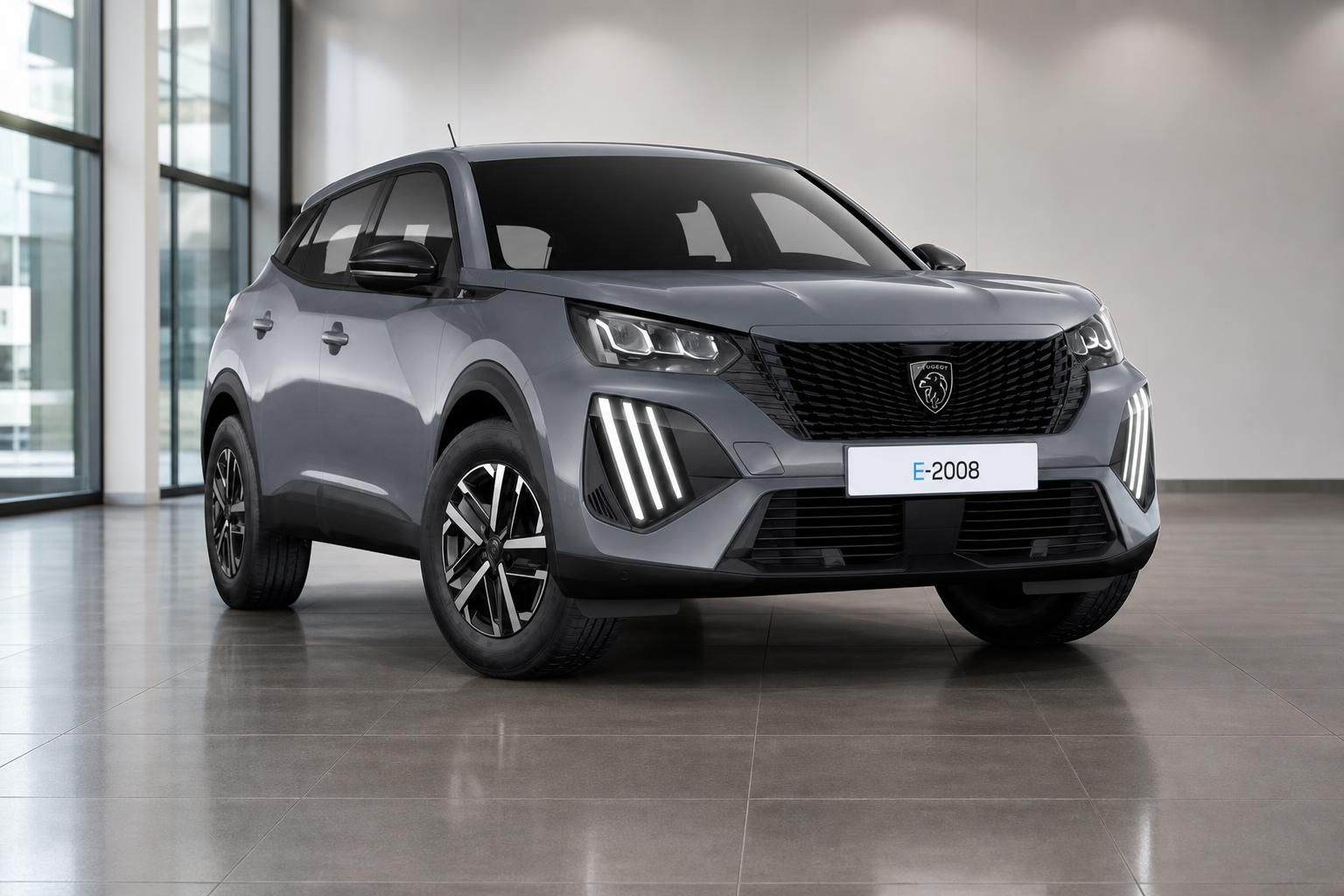 Peugeot e-2008 grau Frontansicht mit LED-Tagfahrlicht im Showroom