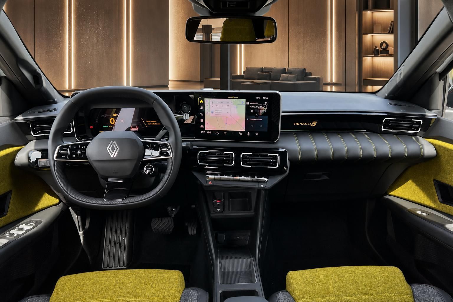Renault 5 Cockpit mit Lenkrad, Navigationsdisplay und gelben Sitzen