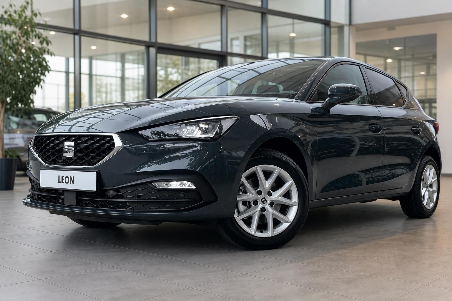 SEAT Leon Frontansicht schraeg in Dunkelgrau