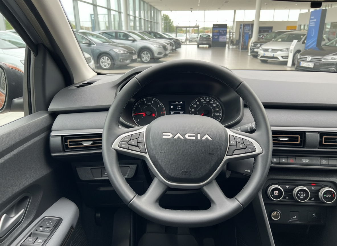 Dacia Innenraum Cockpit mit Lenkrad und Armaturenbrett im Autohaus