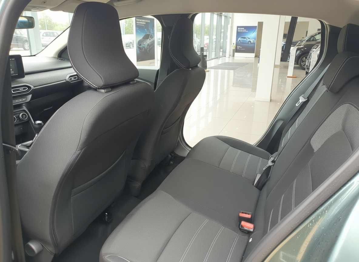 Rücksitzbank und Innenraum eines Fahrzeugs im Autohaus mit schwarzen Stoffsitzen und Kontrastnähten