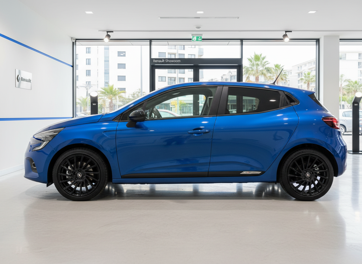 Blauer Renault Clio V Fünftürer mit schwarzen Sportfelgen im Renault Showroom