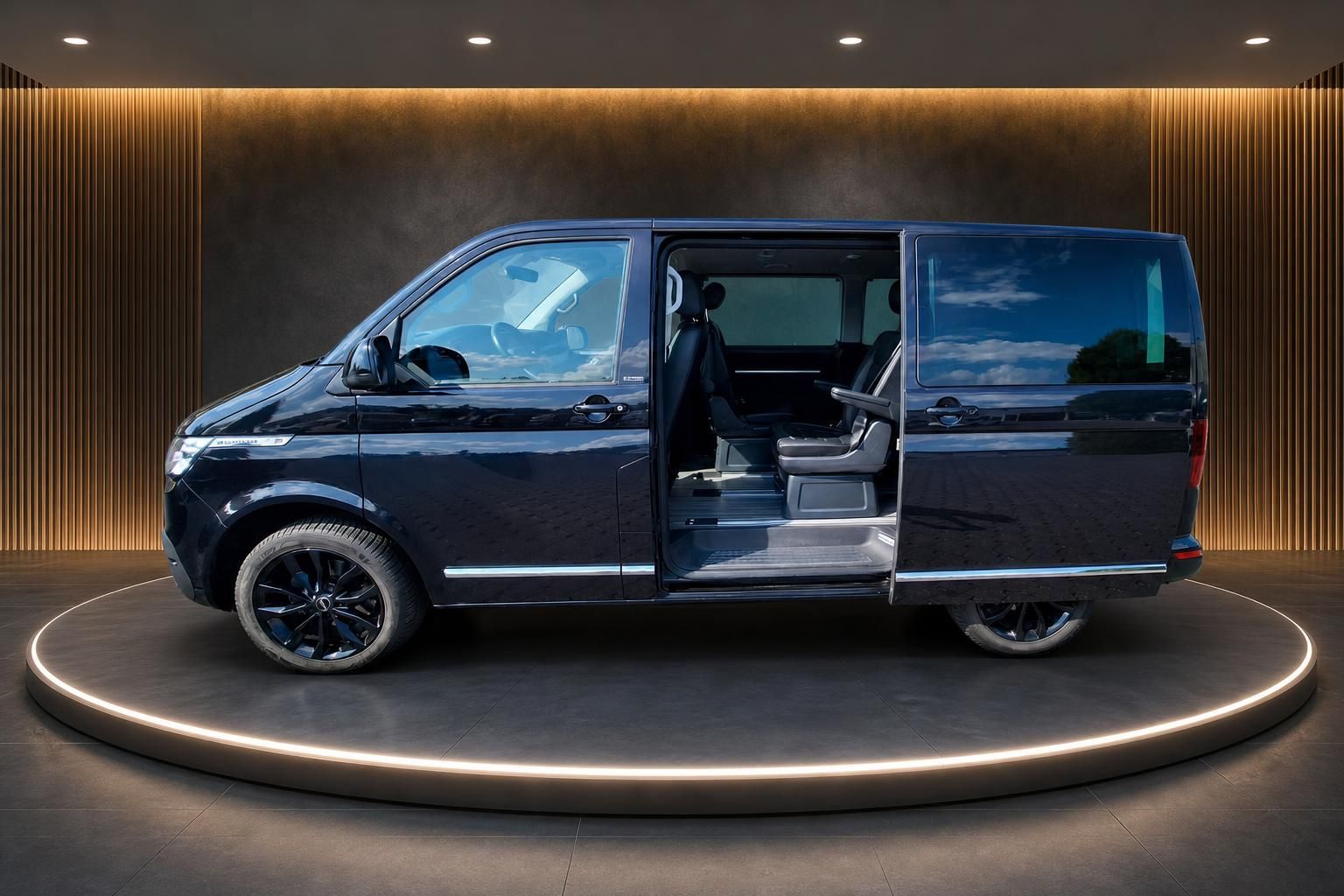 VW Multivan in Dunkelblau mit geöffneter Schiebetür und Ledersitzen