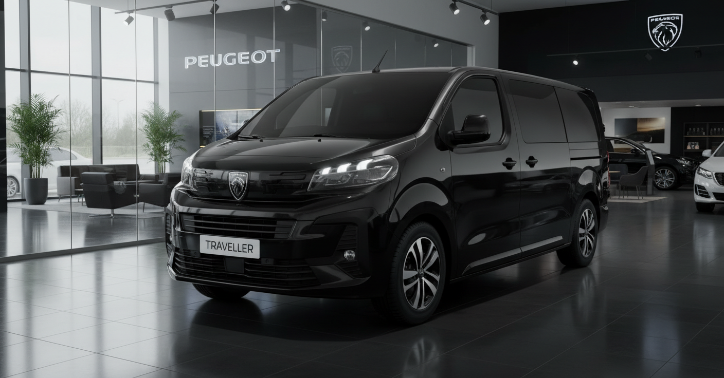 Schwarzer Peugeot Traveller Neuwagen im modernen Peugeot Autohaus Showroom mit beleuchtetem Markenlogo und großen Glasfenstern