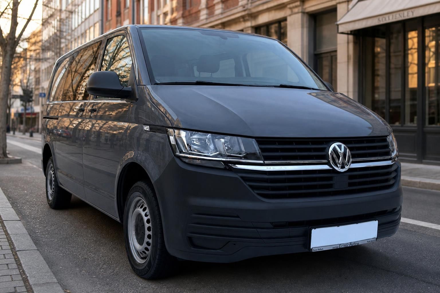 Volkswagen Transporter grau Schrägansicht vorne Scheinwerfer Kühlergrill