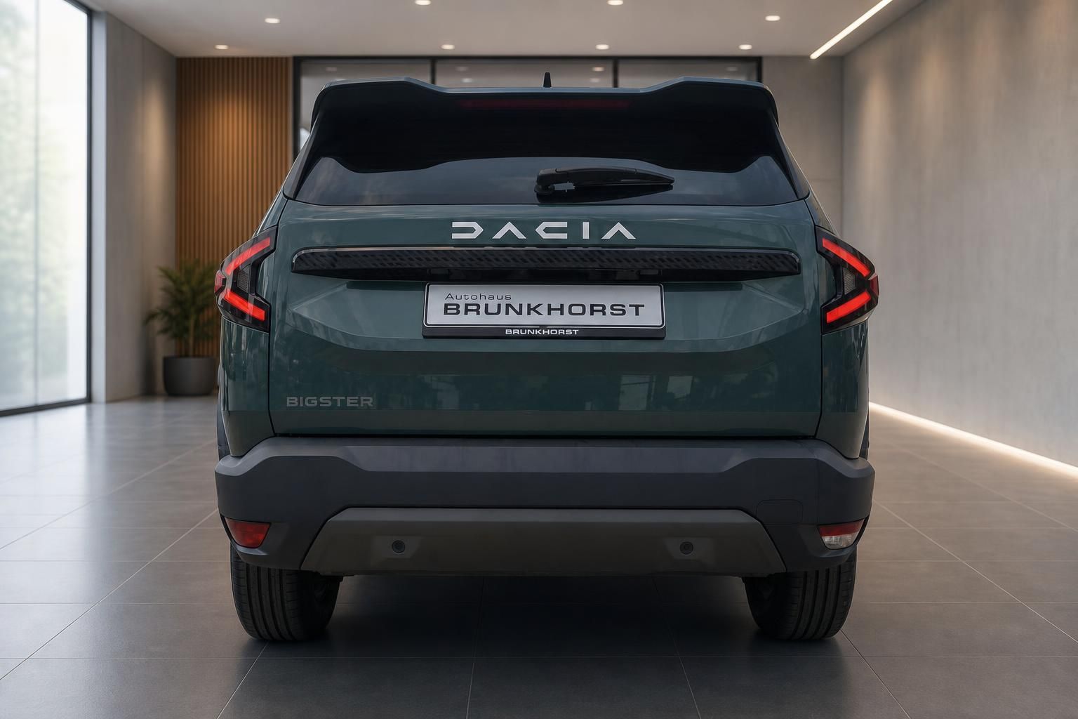 Dacia Bigster in Gruen, Heckansicht in moderner Autohaus-Ausstellung